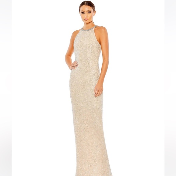 Mac Duggal Dresses & Skirts - Mac Duggal Beige Beaded Sleeveless High Neck Formal Column Gown